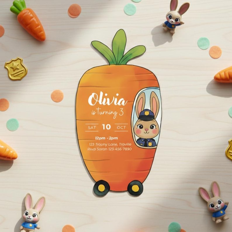 Zootopia Birthday Invitation, Bunny Police Car Theme, Canva Editable Template image 1