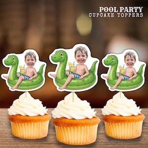 Dinosaur Pool Float Summer Party Personalized Face Cupcake Toppers, Party Decor