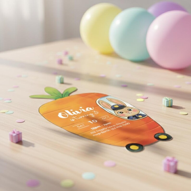 Zootopia Birthday Invitation, Bunny Police Car Theme, Canva Editable Template image 4