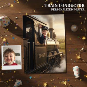 Może przedstawiać: Spersonalizowany plakat przedstawiający dziecko przebrane za konduktora machające z zabytkowego pociągu parowego. Plakat zawiera napis "TRAIN CONDUCTOR PERSONALIZED POSTER". Zdjęcie dziecka znajduje się w ramce polaroid. Scena rozgrywa się na drewnianej powierzchni z uroczystymi dekoracjami.
