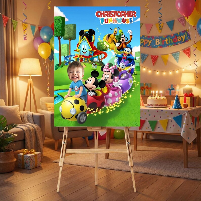 Puede incluir: Una escena de fiesta de cumplea&ntilde;os con un p&oacute;ster con Mickey Mouse y sus amigos. El p&oacute;ster dice "Christopher Funhouse". La escena incluye globos, una tarta y una pancarta que dice "Happy Birthday!"