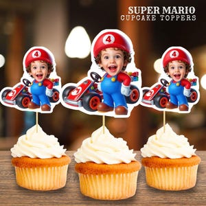 Super Mario Birthday Cupcake Toppers – Custom Face Party Decor – Personalized Gamer Theme for Kids