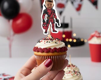 Adornos para cupcakes con cara de Deadpool personalizada para cumpleaños