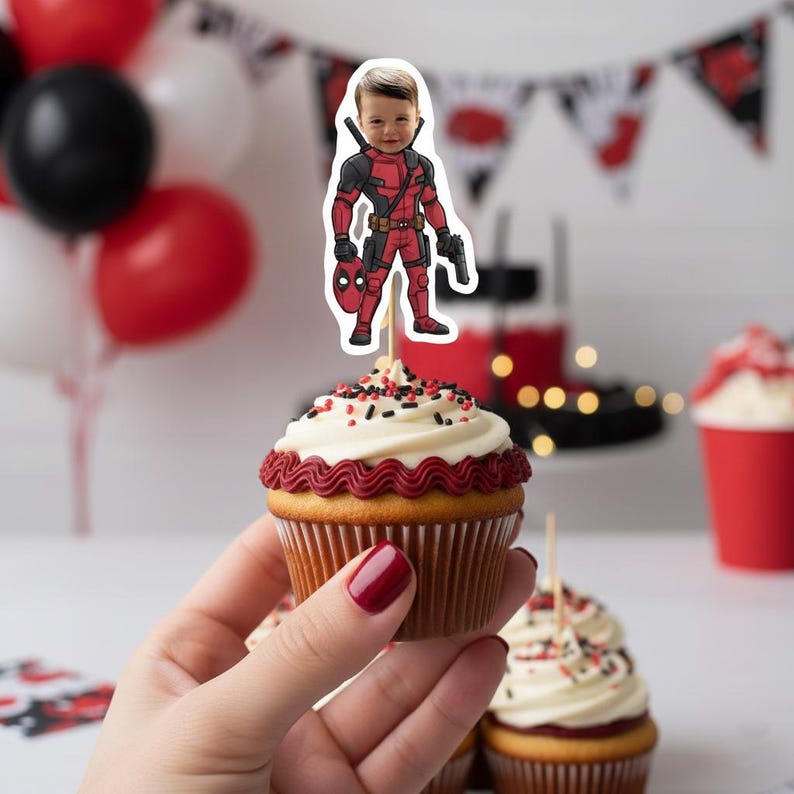 Deadpool Personalized Birthday Face Cupcake Toppers image 1