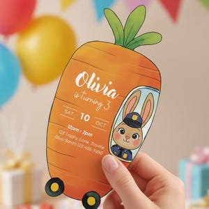 Zootopia Birthday Invitation, Bunny Police Car Theme, Canva Editable Template image 3