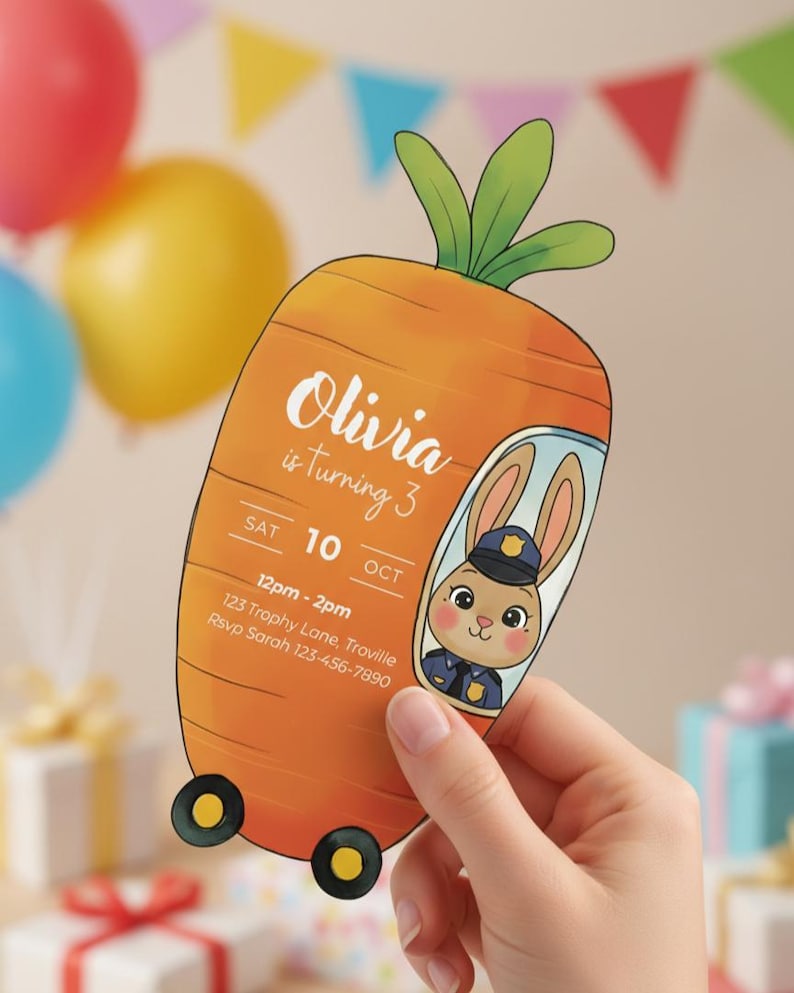 Zootopia Birthday Invitation, Bunny Police Car Theme, Canva Editable Template image 3