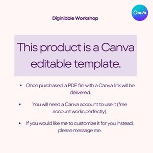 May include: A Canva editable template with the text "This product is a Canva editable template." The image includes the Canva logo and the text "Diginibble Workshop." Additional text explains how the template is delivered and used.
