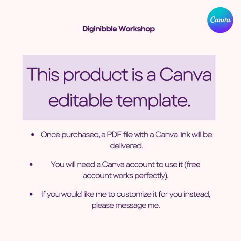 May include: A Canva editable template with the text "This product is a Canva editable template." The image includes the Canva logo and the text "Diginibble Workshop." Additional text explains how the template is delivered and used.