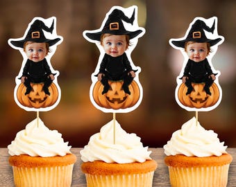 Personalized Baby Witch Halloween Cupcake Toppers (Digital File)