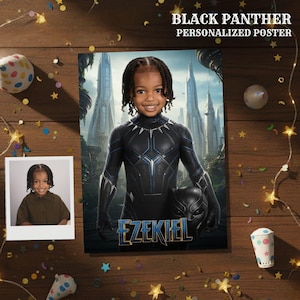 May include: A personalised poster featuring a child in a Black Panther costume, with the name "Ezekiel" at the bottom. The poster has a futuristic cityscape background and the text "BLACK PANTHER PERSONALIZED POSTER" at the top. A small photo is also included.