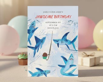 Shark Birthday Invitation, Pool Party Invite, Jawsome Editable Canva Template