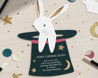Magic Bunny Birthday Invitation, Kids Magician Party, Editable Canva Template