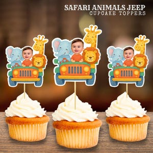 Gepersonaliseerde safari jeep cupcake toppers dier verjaardagsfeestje (digitale download)