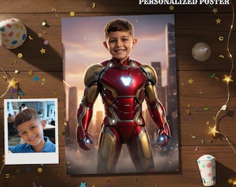 Iron Man Personalized Poster, Custom Hero Portrait from Photo, Birthday Party Decor