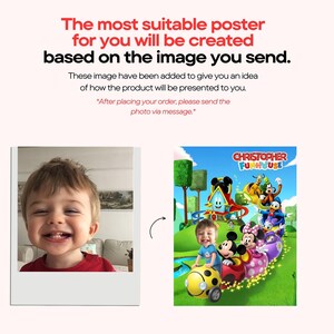 Puede incluir: La imagen muestra un concepto de p&oacute;ster con el texto "El p&oacute;ster m&aacute;s adecuado para ti se crear&aacute; en funci&oacute;n de la imagen que env&iacute;es". Una foto de un ni&ntilde;o sonriente se muestra junto a un p&oacute;ster de dibujos animados con el texto "CHRISTOPHER FUNHOUSE".