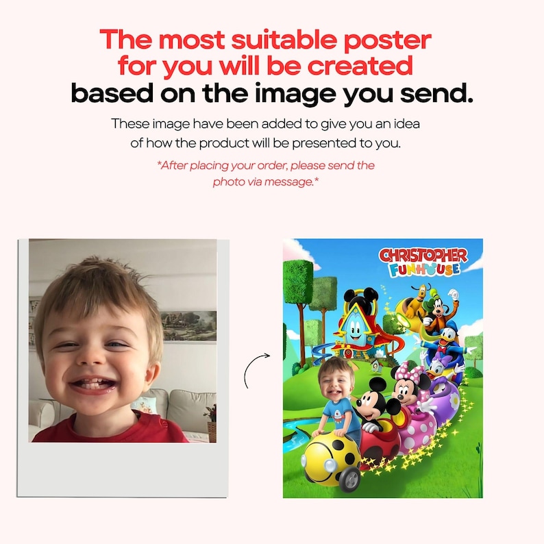 Puede incluir: La imagen muestra un concepto de p&oacute;ster con el texto "El p&oacute;ster m&aacute;s adecuado para ti se crear&aacute; en funci&oacute;n de la imagen que env&iacute;es". Una foto de un ni&ntilde;o sonriente se muestra junto a un p&oacute;ster de dibujos animados con el texto "CHRISTOPHER FUNHOUSE".