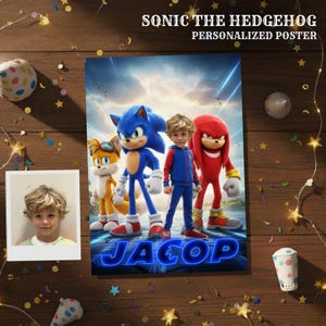 May include: A personalized poster featuring Sonic the Hedgehog and friends, with the name "JACOB" in blue neon lettering. The poster includes a photo of a young boy. The background is a wooden surface with scattered confetti.