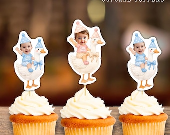 Silly Goose Personalized Face Cupcake Toppers, First Birthday Party Decor