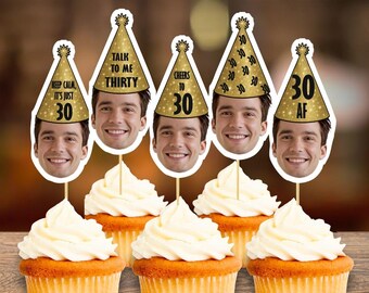 30th Birthday Personalized Face Cupcake Toppers | Funny Party Hat Decorations | Printable Digital Download