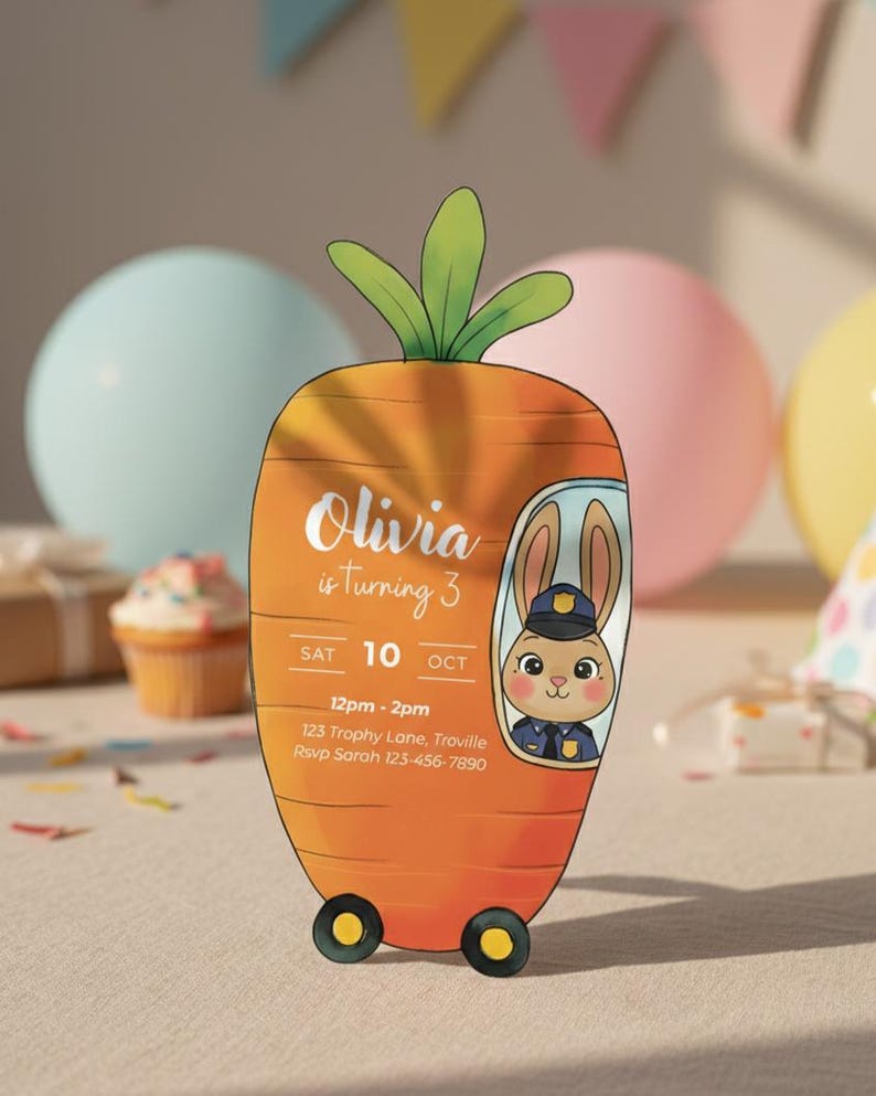 Zootopia Birthday Invitation, Bunny Police Car Theme, Canva Editable Template image 2