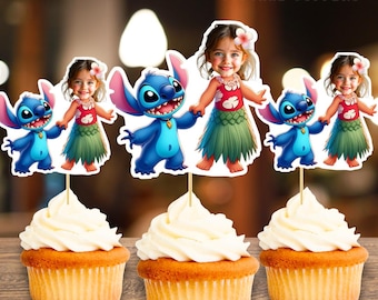 Adornos personalizados para cupcakes con la cara de Lilo y Stitch: Decoración para fiestas de cumpleaños hawaianas (Archivo PDF)