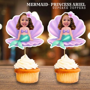 Ariel Cupcake Topper - décoration d&#39;anniversaire de princesse sirène - cadeau imprimable modifiable pour les filles