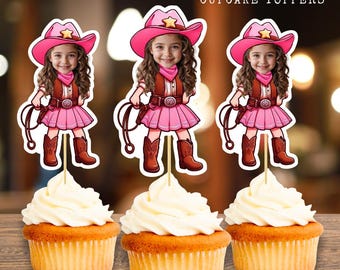 Cowgirl personalisierte Gesicht Cupcake Toppers | Kundenspezifische Geburtstags-Dekor