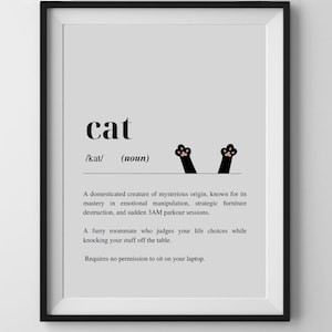 Cat Definition Print, Cat Wall Art, Feline Definition Wall Art, Funny Cat Quote, Gift for Cat Lover Instant Download