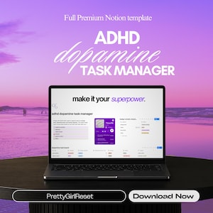 Könnte beinhalten: Ein Laptop mit einer digitalen ADHD-Dopamin-Task-Manager-Oberfläche. Der Bildschirm zeigt ein lila-weißes Design mit dem Text "make it your superpower". Der Hintergrund ist ein Farbverlauf aus Lila und Rosa, mit den Worten "ADHD dopamine TASK MANAGER" in Weiß.