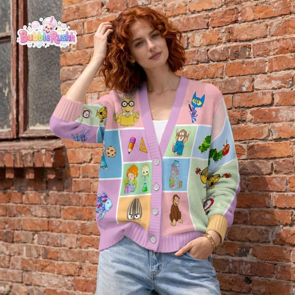 Children's Book Character Cardigan With Button, Reading Teacher Knitted Cardigan, Book Character V-neck Knitted, Elementary Teacher Gift
