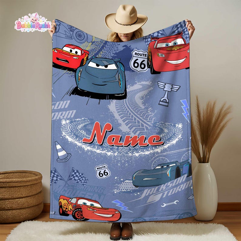Custom Name Cars Movie Blanket, Lightning McQueen Blanket, Cars Land Blanket, Birthday Boy Gifts Fleece Blanket image 1