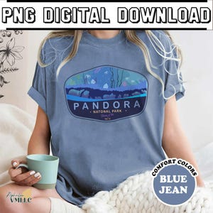 May include: Blue jean-colored t-shirt with a graphic of the word "Pandora" and the text "National Park". The graphic features a landscape with blue and green elements. The shirt also has the text "Comfort Colors" and "Blue Jean".
