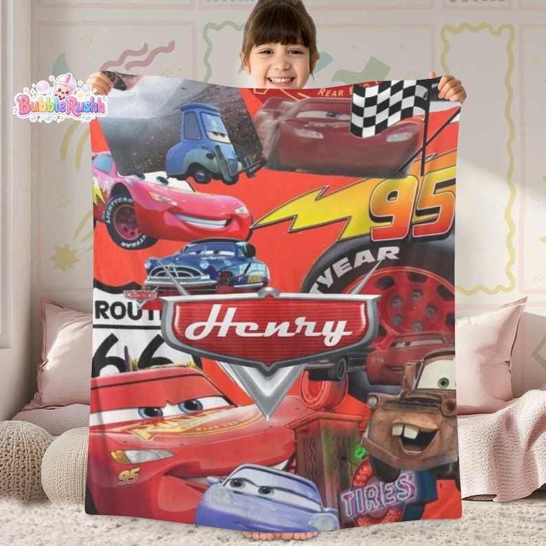 Personalized Name Cars Movies Blanket, Lightning MCQueen Baby Blanket, Disneyland Cars Blanket, Cars Movie Characters Blanket, Gift For Fans image 1
