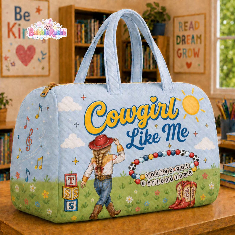 May include: A light blue quilted duffel bag featuring a graphic of a cowgirl, a beaded bracelet with the text 'You've got a friend in me', and the words 'Cowgirl Like Me'. The bag includes illustrations of musical notes, blocks, and boots.