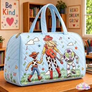Toy Story 5 Family Travel Duffel Bag, Toy Story 5, Cute Baby Reveal, Cowgirl Woody Buzz Friend Bag, Cartoon Adventure, Family Vacation Gift image 1