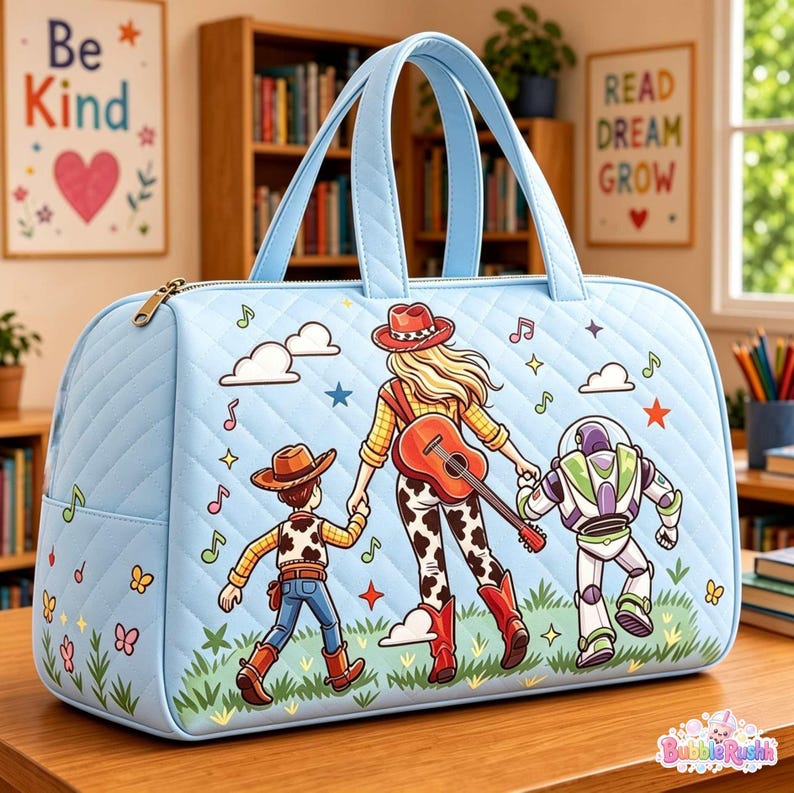 Toy Story 5 Family Travel Duffel Bag, Toy Story 5, Cute Baby Reveal, Cowgirl Woody Buzz Friend Bag, Cartoon Adventure, Family Vacation Gift image 1