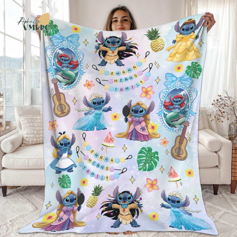 Watercolor Funny Stitch Blanket, Coquette Bows Lilo & Stitch Blanket,Cute Stitch Disneyworld Blanket, Birthday Girl Gift Blanket image 3