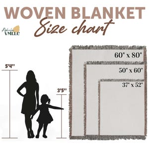 The image is a size chart for a woven blanket, showing the dimensions of the blanket in inches and feet. The chart includes silhouettes of a woman and a child, indicating the blanket's size for different age groups.
