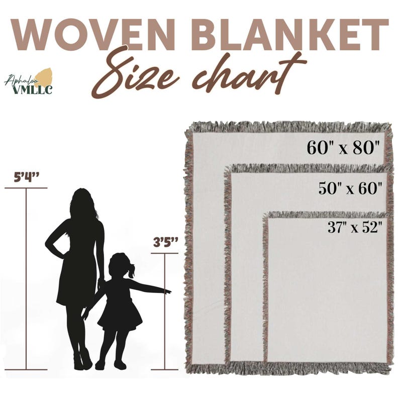 The image is a size chart for a woven blanket, showing the dimensions of the blanket in inches and feet. The chart includes silhouettes of a woman and a child, indicating the blanket's size for different age groups.