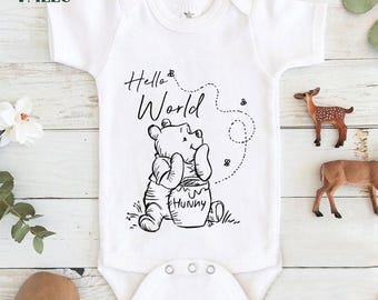 Winnie the Pooh Hello World Baby Bodysuit, Pooh Bear Baby Youth Toddler T-shirt, Kid Clothing Gift, Newborn Baby Outfit