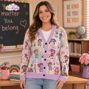 The Amazing Digital Circus Cardigan With Button, Pomni Jax Ragatha Inspired Cardigan, TADC Fan Gift, Cartoon Character Knit Cardigan Gift