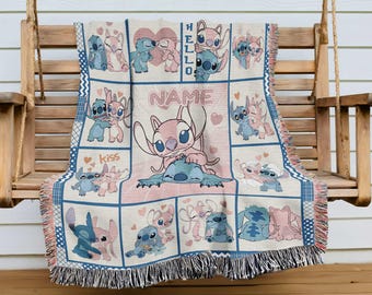 Personalized Stitch and Angel Watercolor Woven Blanket, Disneyland Blanket, Gifts for Kids, Birthday Gifts, Disneyland Watercolor Blanket