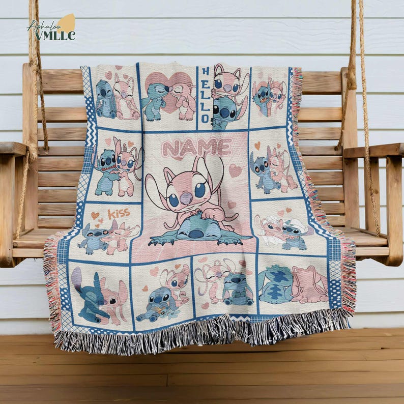 A colorful throw blanket featuring various characters from the Disney animated film "Stitch", including Lilo, Stitch, and other beloved characters. The blanket is displayed on a wooden bench, and the text "Hello" is visible, suggesting the blanket is personalized or designed for someone named Stitch.