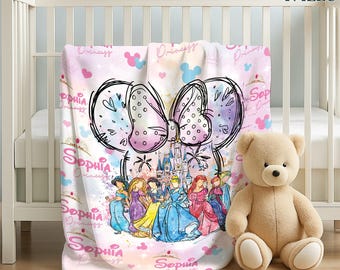 Personalized Watercolor Disneyland Princess Blanket, Castle Coquette Bows Blanket, Rapunzel Ariel Elsa Cinderella blanket,Birthday Girl Gift