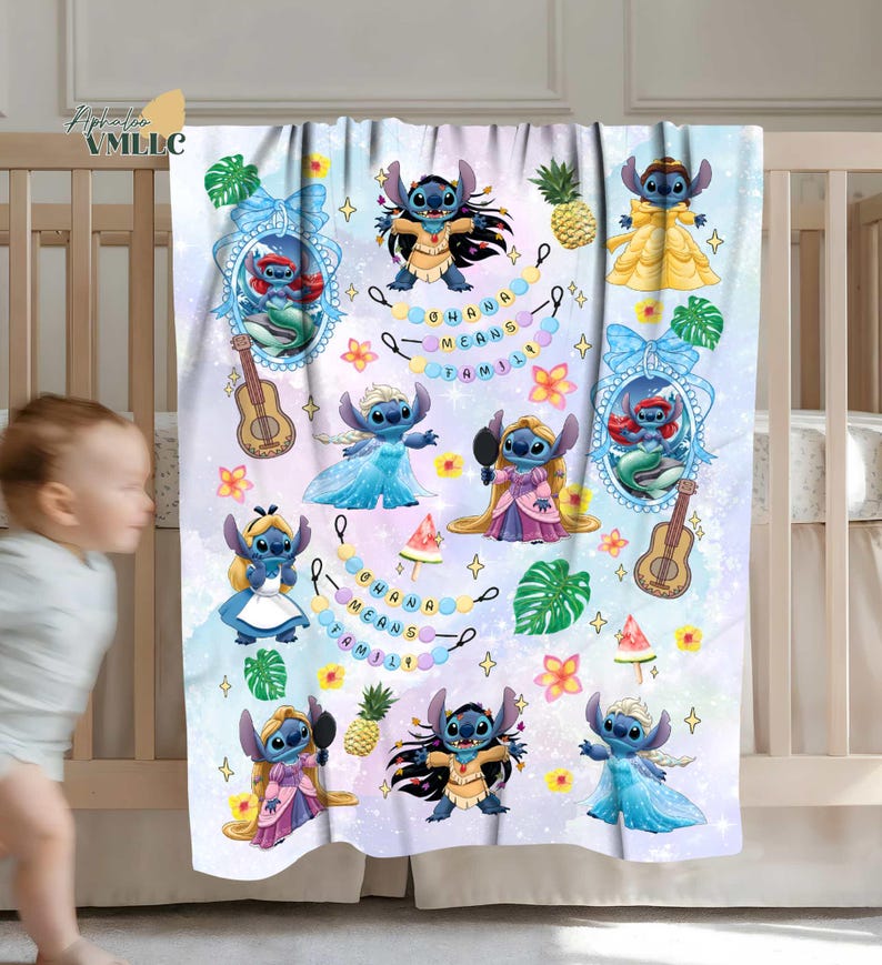 Watercolor Funny Stitch Blanket, Coquette Bows Lilo & Stitch Blanket,Cute Stitch Disneyworld Blanket, Birthday Girl Gift Blanket image 1