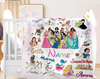 Personalized Disneyworld Princess Blanket, Disneyland Castle Princess Blanket, Belle Rapunzel Tiana Ariel Elsa, Birthday Girl gift