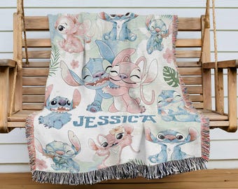 Personalized Stitch and Angel Watercolor Woven Blanket, Disneyland Blanket, Birthday Gifts, Gifts for Kids, Disneyland Watercolor Blanket