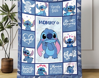 Personalized Stitch Fleece Blanket, Stitch Lovers Blanket, Family Vacation Throw Blanket for Bed Couch Sofa, Stitch Birthday Theme Party