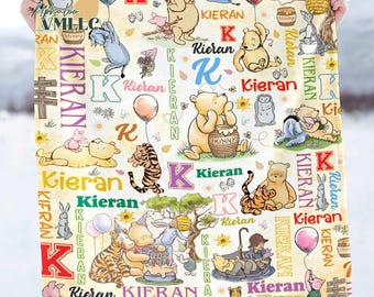 Personalized Winnie Of The Pooh Blanket, Custom Name Nursery Throw, Soft Baby Shower Gift, Kids Minky Blanket, Newborn Keepsake