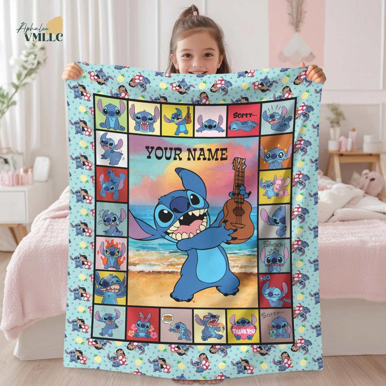A young girl is holding up a colorful blanket featuring a cartoon character from the movie "Stitch".